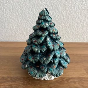 Vintage Hand Painted Ceramic UnGlazed Green Christmas Tree Napkin Card Holder